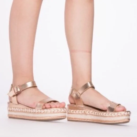 Boho Metallic Rose Gold Espadrille Wedge Sandal - Picture 4 of 5